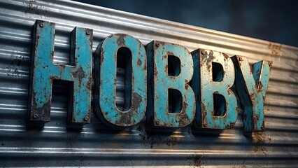 HOBBY: A bold, weathered sign spelling HOBBY stands prominently against an industrial background, exuding a sense of time, passion, and personal pursuit.