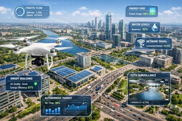 Smart City Monitoring With Autonomous Drone Systems.
Aerial drone surveys urban infrastructure with digital data overlays, supporting traffic analysis.