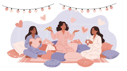 Three friends enjoy a cozy pajama party with pizza and hot drinks.