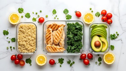 Vibrant and nutritious meal prep containers with grilled chicken, quinoa, kale, and avocado, surrounded by fresh ingredients on a marble background, perfect for healthy eating plans