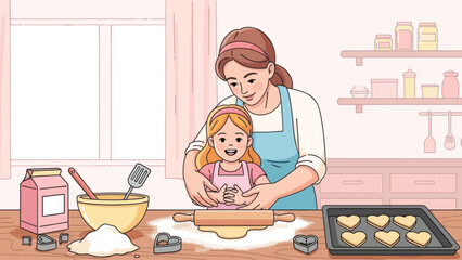 Happy mother and daughter baking cookies together in the kitchen.