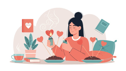 Woman practicing self care ritual and mindfulness with heart incense.