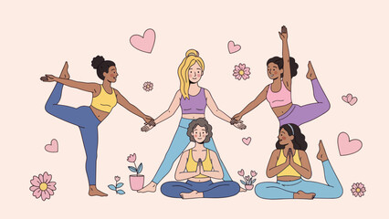 Diverse group of women practicing yoga poses together.