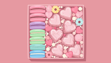 A delightful box of macarons and heart-shaped candies.
