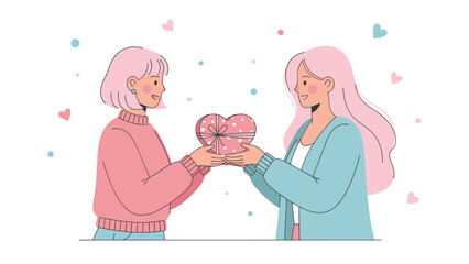 Two women exchanging a heart-shaped gift box with smiles.