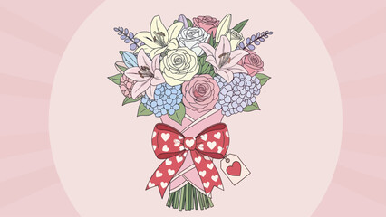 A beautiful illustration of a flower bouquet with a ribbon and a heart tag.