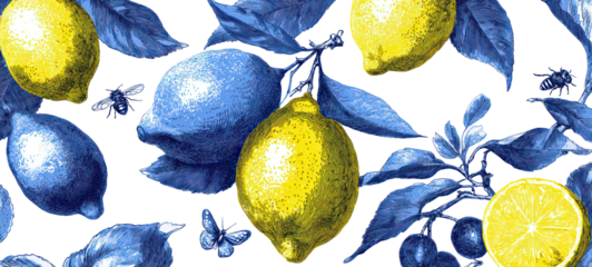 Lemons and bees on transparent background