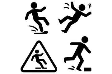 Slip, Trip & Fall man silhouette,
Workplace Slip, Trip & Fall Hazard Icons &ndash; Safety Risk & Warning Pictogram Set