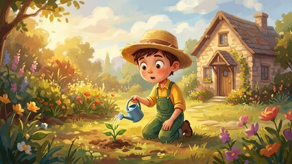 Nurturing Blossoms: A young gardener diligently waters a small plant in a sun-drenched garden, with a cozy cottage adding a touch of charm to this idyllic scene.