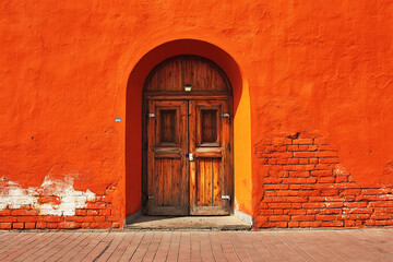Arched Wooden Door with Red Clay Brick Frame on Light Orange Background.