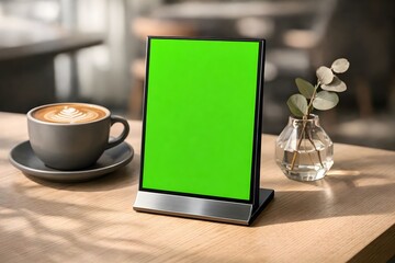 Blank green screen table tent mockup next to a coffee cup in a sunny cafe.