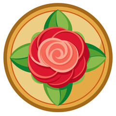 Vibrant red rose on golden background with green leaves