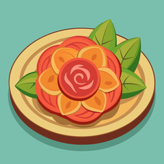 Vibrant sliced tomatoes on a plate with fresh green leaves