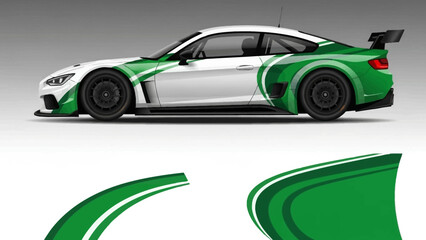 High performance green and white sports car with racing decals and aerodynamic styling. © Lailatul
