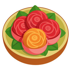 Beautiful roses in a decorative bowl with green leaves