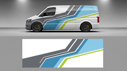 Side view of a modern van with bold blue gray lime abstract graphics. © Lailatul