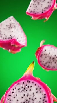 Fresh pink dragon fruit slices and whole fruits on green background  healthy food and exotic tropical fruit concept