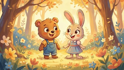 Friendship in the Enchanted Woods: A heartwarming scene unfolds as a cheerful bear and a charming bunny stand together, embraced by the magic of the woods.