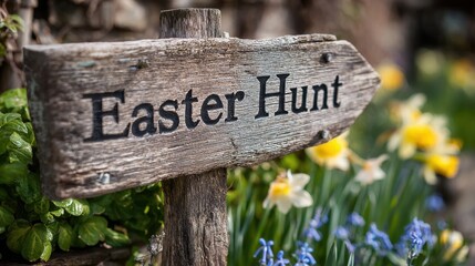 Easter Hunt Signpost: Wooden signpost guiding towards an Easter hunt in a garden setting, suggesting anticipation and festive outdoor activities, adorned with spring flowers.