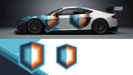 Dynamic blue and orange race car with bold livery and aerodynamic design showcased in studio lighting. © Lailatul