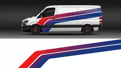 White delivery van with bold blue and red diagonal stripes on a plain background. © Lailatul