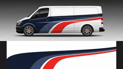 White van with blue red swoosh graphic livery on a plain backdrop. © Lailatul