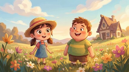 Children in the Meadow: Charming children bask in a sun-dappled meadow filled with wildflowers, joyfully experiencing a perfect day in a whimsical, storybook-like setting.