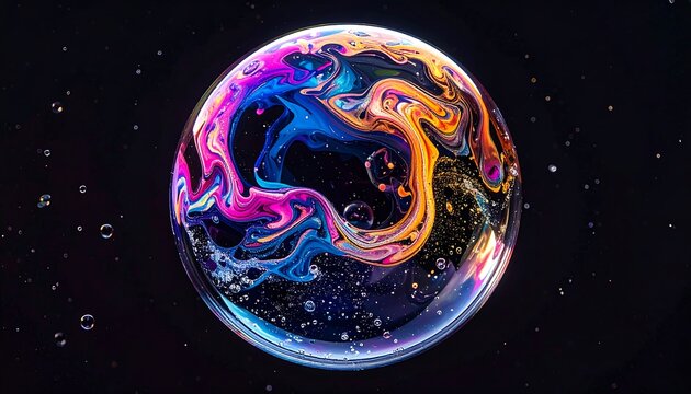 A swirling, colorful galaxy within a soap bubble against a dark space speckled with smaller, transparent orbs - Powered by Adobe