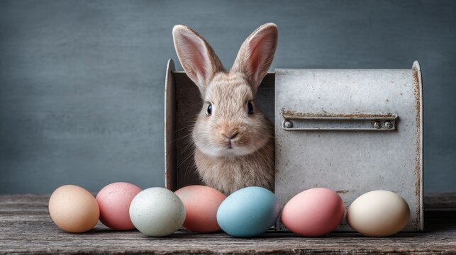 Easter Bunny with Eggs: An adorable bunny emerges from a rustic mailbox, surrounded by colorful Easter eggs, creating a whimsical and festive scene, symbolizing spring and new beginnings.