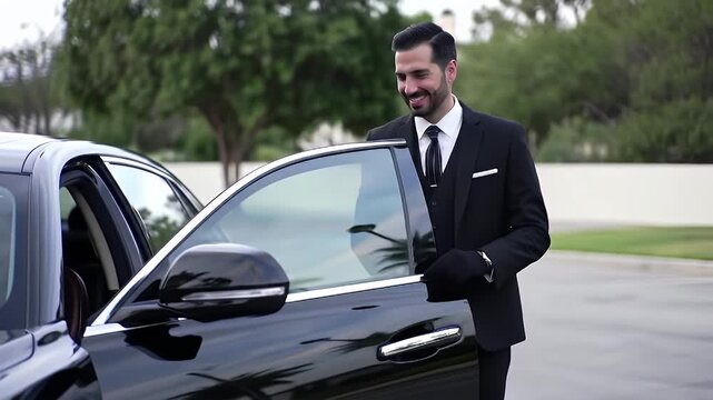 Professional chauffeur in elegant black suit opening car door with a welcoming smile