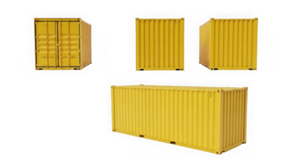 Set of yellow shipping containers on transparent background isolated