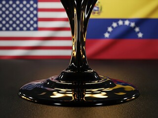 Oil drips onto a surface with the US and Venezuela flags in the background, Global Petroleum Industry and Trade Concept with USA and Venezuela Flags