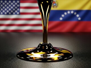 Oil drips onto a surface with the US and Venezuela flags in the background, Global Petroleum Industry and Trade Concept with USA and Venezuela Flags