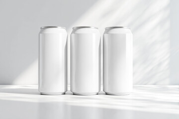 White Energy Drink Can Mockups on Light Grey Background &ndash; Realistic 3D Rendering.