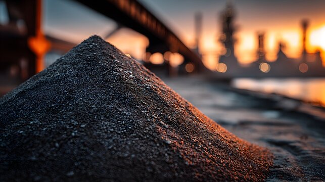 Large mound of iron ore pellets in an industrial processing facility with sunset lighting casting long shadows and a metallic sheen.