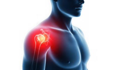 Man with shoulder pain highlighted in red on transparent background