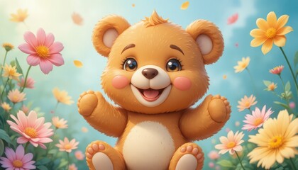 Fototapeta premium Cheerful stuffed animal bear character waving joyfully in a sunny meadow filled with spring blossoms