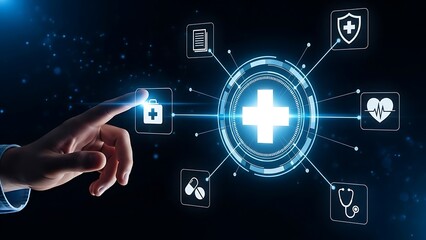 A glowing blue medical interface with a hand interacting with a futuristic healthcare technology symbol on a dark background with various medical icons
