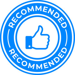Recommended thumbs up icon blue circle badge with text and approval symbol isolated on white background for endorsement and quality assurance