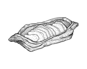 Vector illustration of apple puff pastry in boat shape. A hand drawn sketch of traditional bakery made from flaky layered dough with fruit filling. Sweet pastries for breakfast. Menu design element