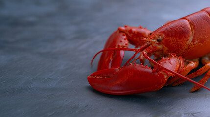 Bright red cooked lobster presented on a dark grey textured surface, highlighting its fresh seafood appeal, gourmet preparation, and rich culinary experience, copy space