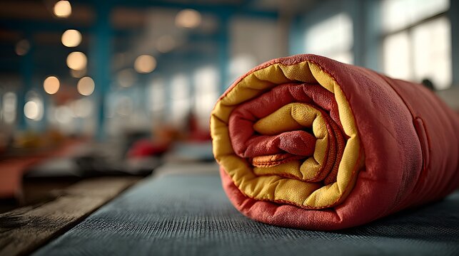 Neatly rolled red and yellow sleeping bag resting on a cot in a large blurred gymnasium shelter with soft ambient indoor lighting style.