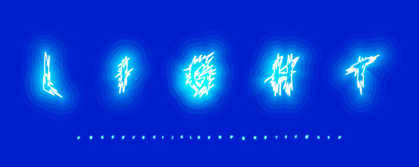 Neon light letters font alphabet. Glowing electric blue typography, futuristic cyberpunk title design for gaming, tech banner, poster, header. Neon fonts for logo branding. Vector illustration