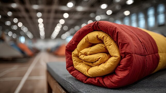 Neatly rolled red and yellow sleeping bag resting on a cot in a large blurred gymnasium shelter with soft ambient indoor lighting style.