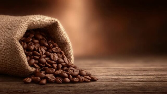 Sack of coffee beans spilling on wooden surface with warm background