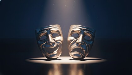 Masks of Emotion: A dramatic depiction of the contrasting human emotions of joy and sorrow, symbolized by two theatrical masks illuminated by a single spotlight.