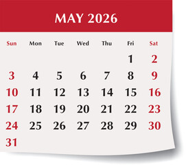 May 2026 calendar month. Monthly vector illustration of English calendar page