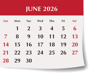 June 2026 calendar month. Monthly vector illustration of English calendar page