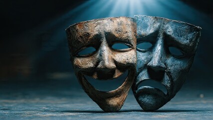 Dramatic Expression: Theatrical masks, one radiating joy and the other reflecting sorrow, stand side-by-side, dramatically lit, telling tales of human emotions, and inviting introspection.