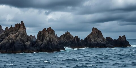 Jagged, sharp rocks loom precariously over a dark, turbulent sea under stormy skies, conveying natural hazard and risk ,  precarious,  force